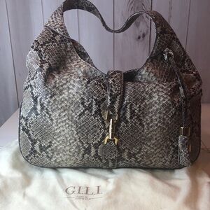 G.I.L.I. Lg Python Print Soft Leather Hobo Shoulder Bag Gold tone hardware NEW